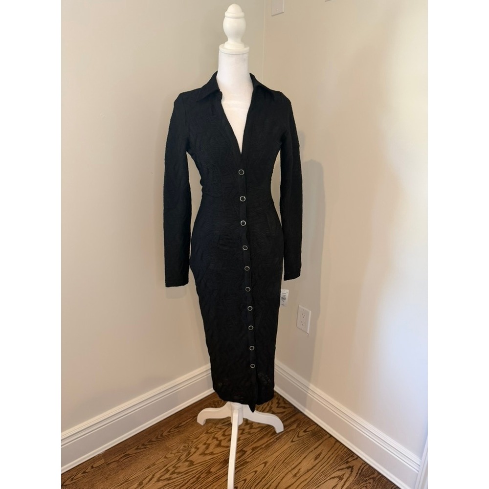 The Sang Long-sleeve NWT Midi Dress, Stretch, Black, Full Button Down Front S